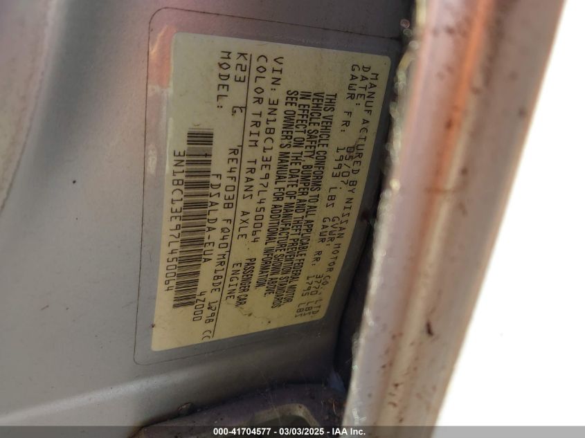 2007 Nissan Versa 1.8S VIN: 3N1BC13E97L450064 Lot: 41704577