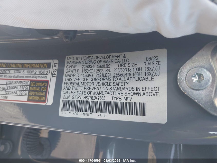 2022 HONDA CR-V VIN: 5J6RT6H82NL042665