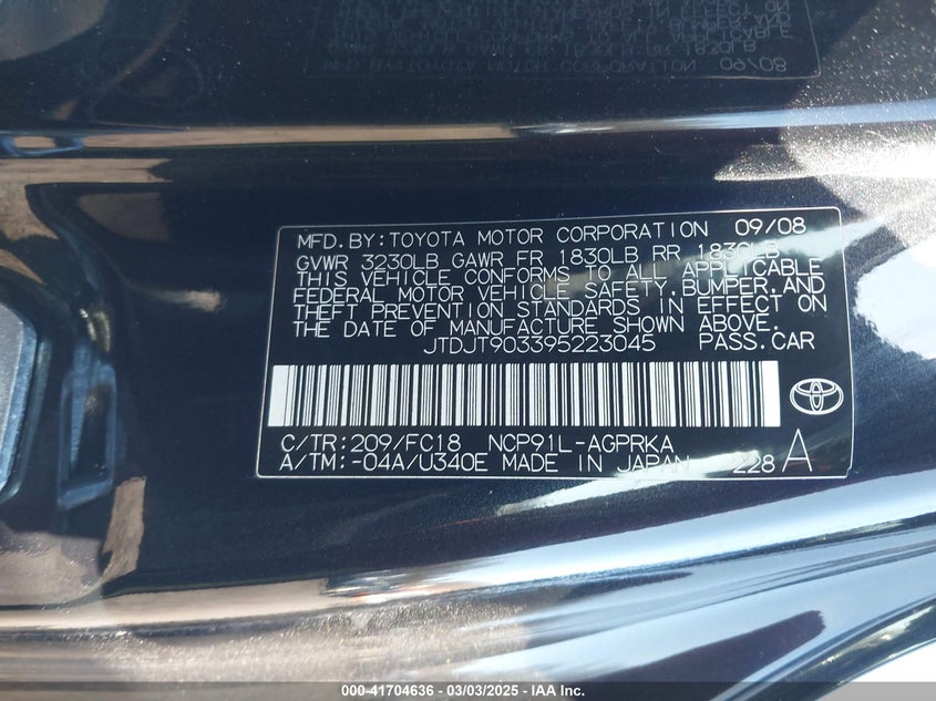 2009 TOYOTA YARIS VIN: JTDJT903395223045