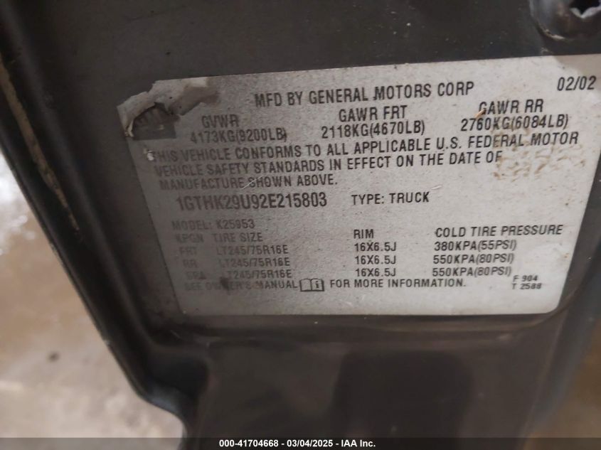 2002 GMC Sierra 2500Hd Sle VIN: 1GTHK29U92E215803 Lot: 41704668