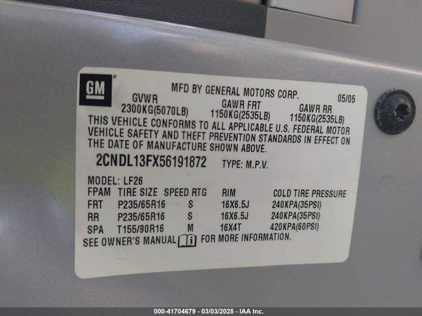 2005 Chevrolet Equinox Ls VIN: 2CNDL13FX56191872 Lot: 41704679