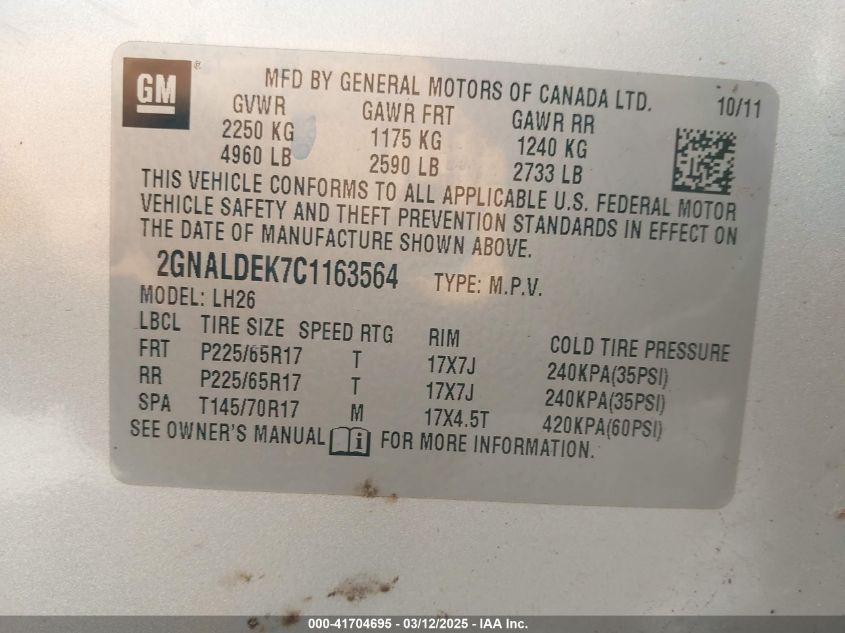 2012 Chevrolet Equinox 1Lt VIN: 2GNALDEK7C1163564 Lot: 41704695