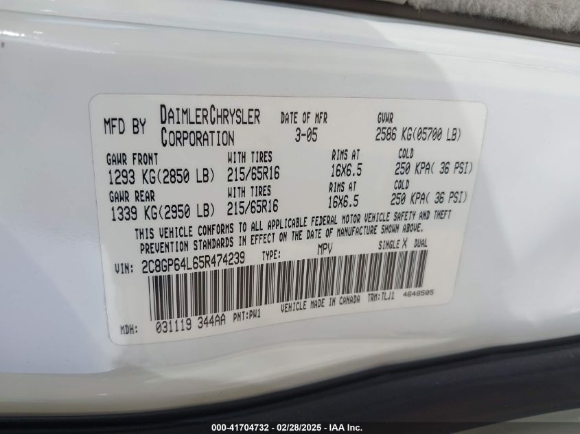 2005 Chrysler Town & Country Limited VIN: 2C8GP64L65R474239 Lot: 41704732