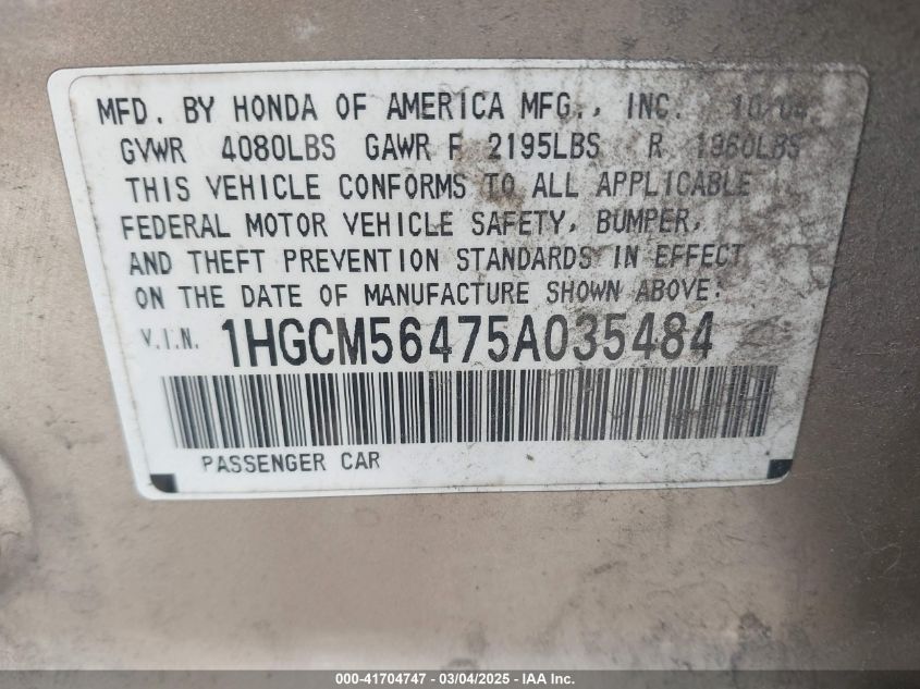 2005 Honda Accord 2.4 Lx VIN: 1HGCM56475A035484 Lot: 41704747