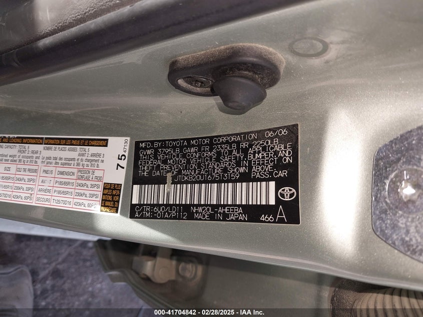 2006 TOYOTA PRIUS VIN: JTDKB20U167513159