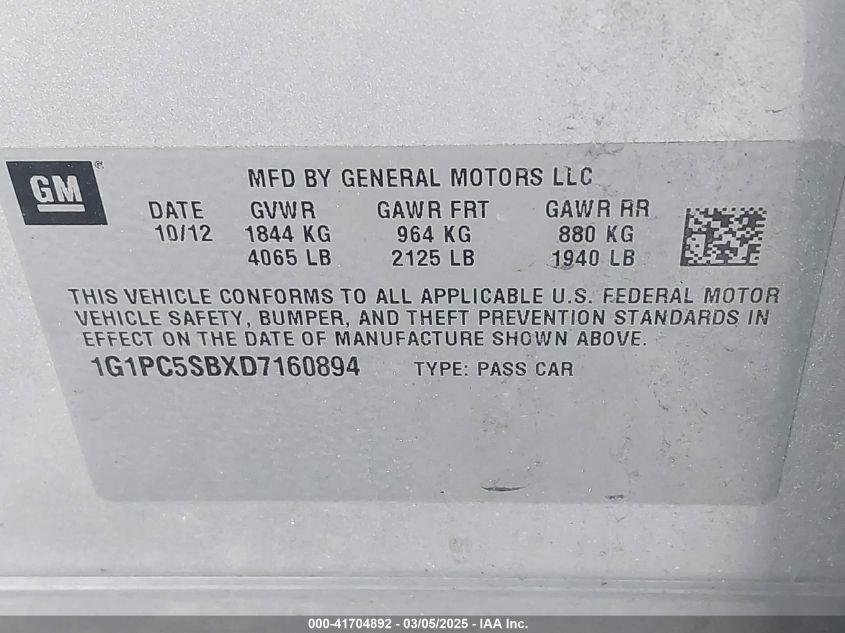 2013 Chevrolet Cruze 1Lt Auto VIN: 1G1PC5SBXD7160894 Lot: 41704892