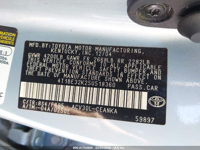 2005 Toyota Camry Le VIN: 4T1BE32K25U518360 Lot: 41704900