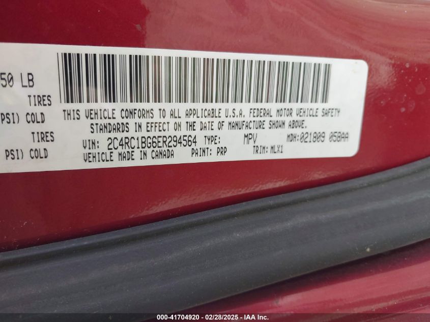 2014 Chrysler Town & Country Touring VIN: 2C4RC1BG6ER294564 Lot: 41704920