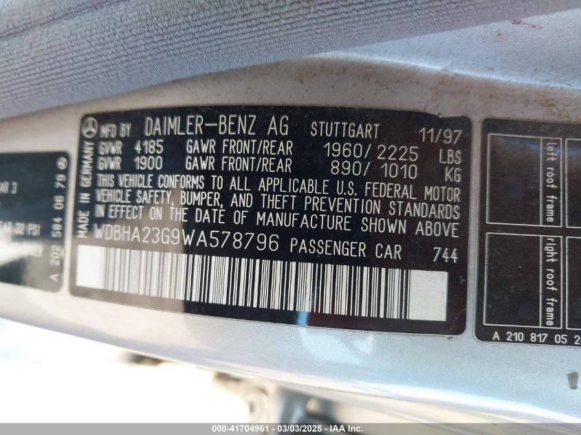 1998 Mercedes-Benz C 230 VIN: WDBHA23G9WA578796 Lot: 41704961