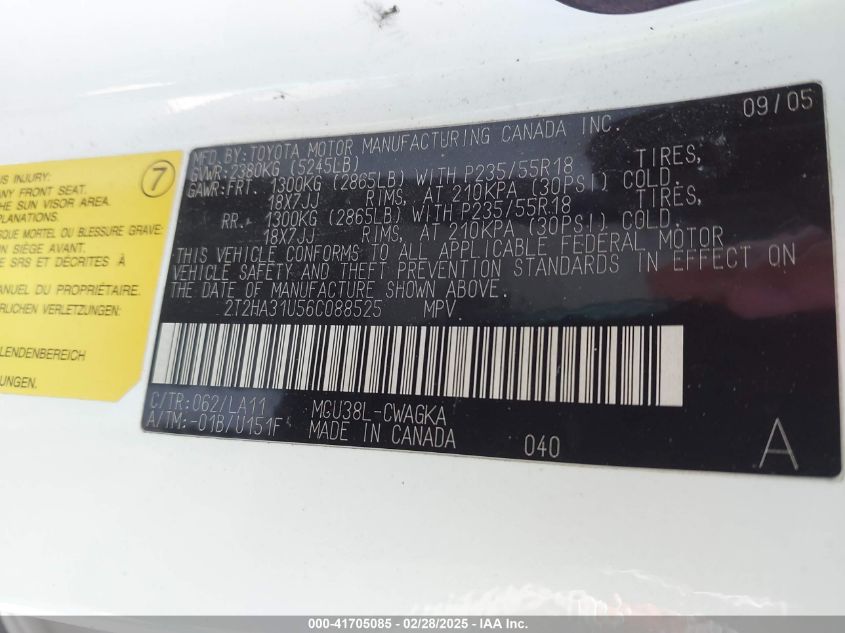 2006 Lexus Rx 330 VIN: 2T2HA31U56C088525 Lot: 41705085