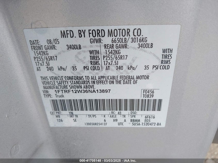 2006 FORD F-150 VIN: 1FTRF12W36NA13897