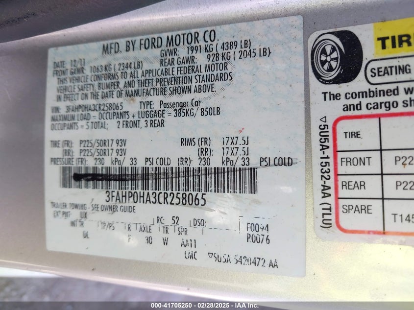 2012 FORD FUSION VIN: 3FAHP0HA3CR258065