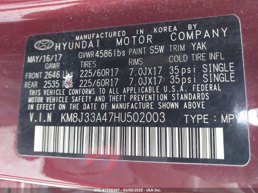 2017 Hyundai Tucson Se VIN: KM8J33A47HU502003 Lot: 41705307