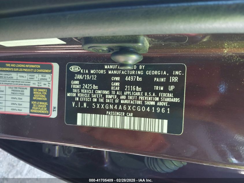 2012 Kia Optima Ex Turbo VIN: 5XXGN4A6XCG041961 Lot: 41705409