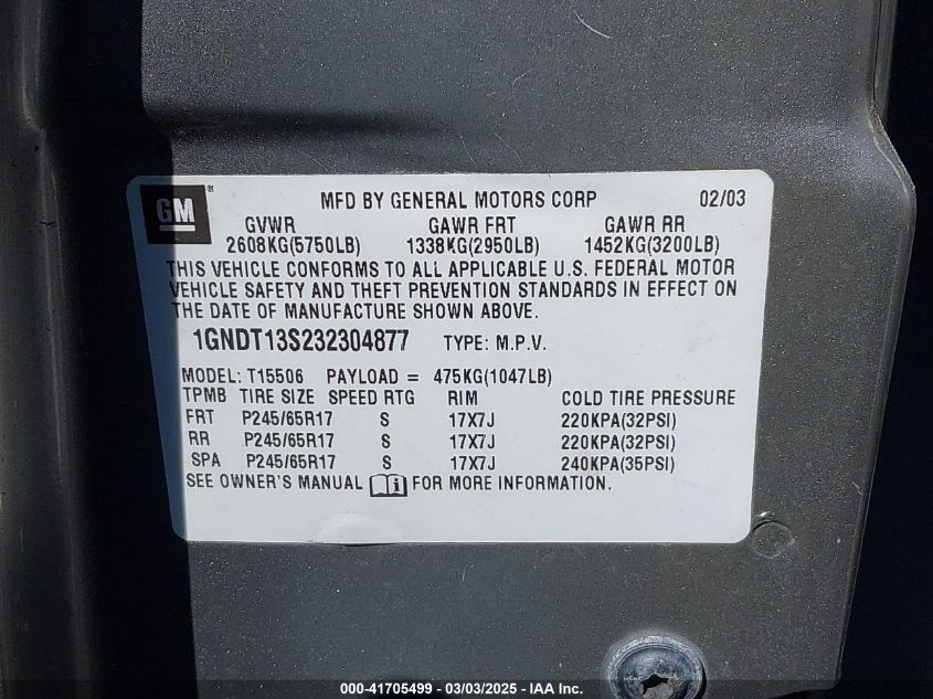 2003 Chevrolet Trailblazer Ltz VIN: 1GNDT13S232304877 Lot: 41705499