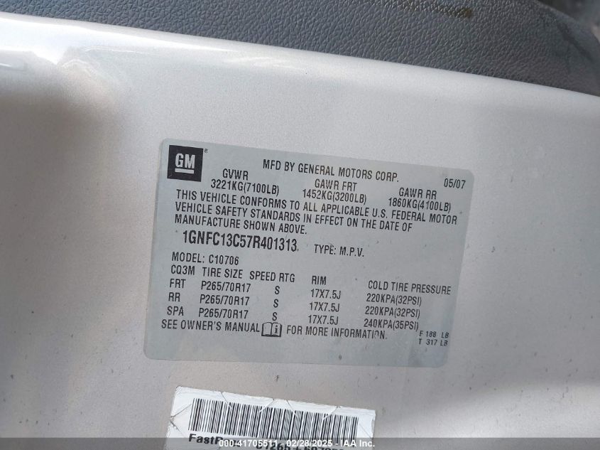 2007 Chevrolet Tahoe Ls VIN: 1GNFC13C57R401313 Lot: 41705511