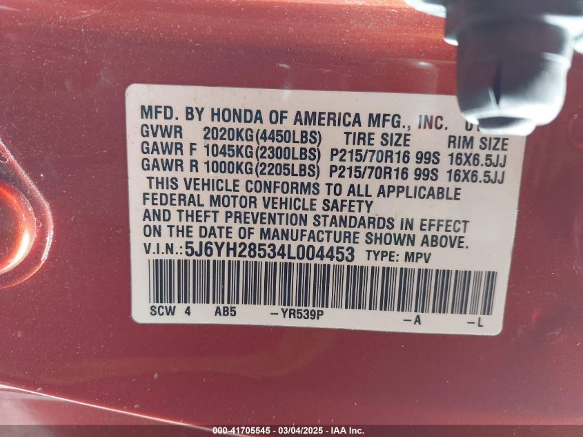 2004 Honda Element Ex VIN: 5J6YH28534L004453 Lot: 41705545