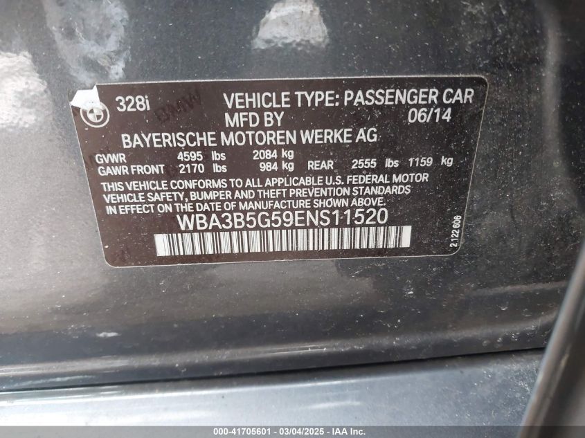 2014 BMW 328I xDrive VIN: WBA3B5G59ENS11520 Lot: 41705601