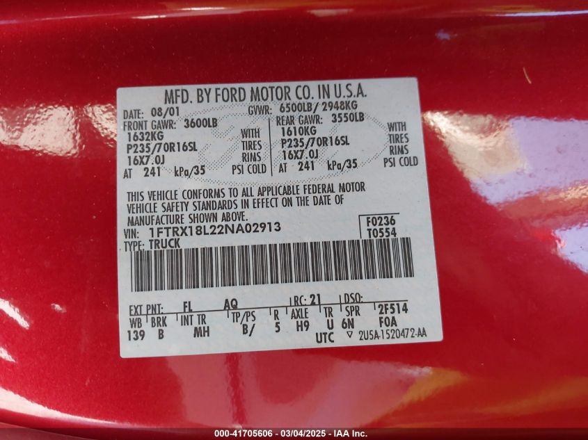 2002 Ford F-150 Lariat/Xl/Xlt VIN: 1FTRX18L22NA02913 Lot: 41705606