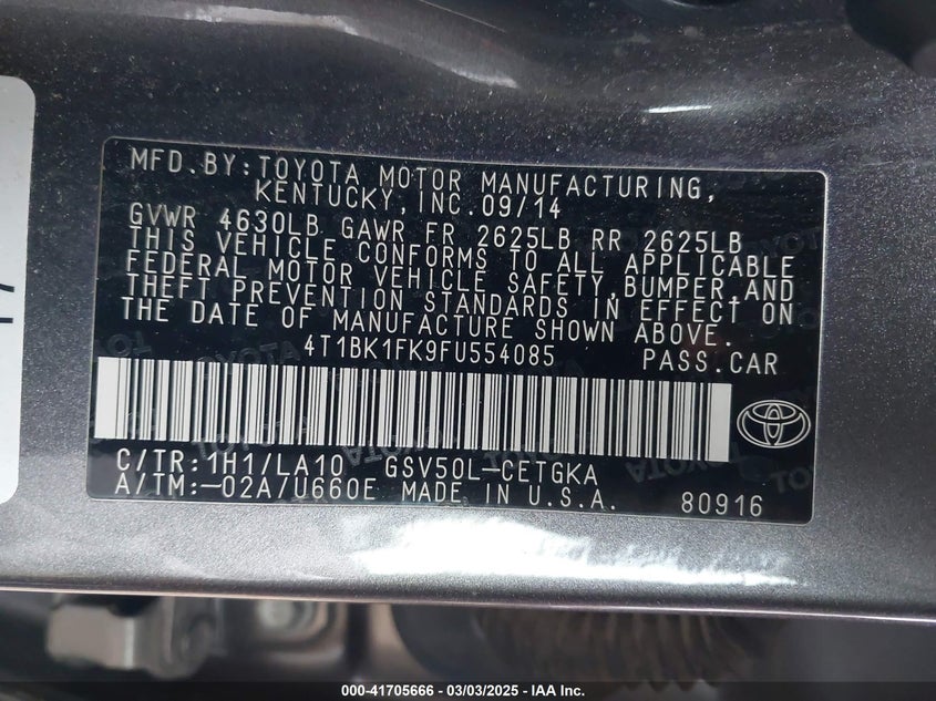 2015 TOYOTA CAMRY VIN: 4T1BK1FK9FU554085
