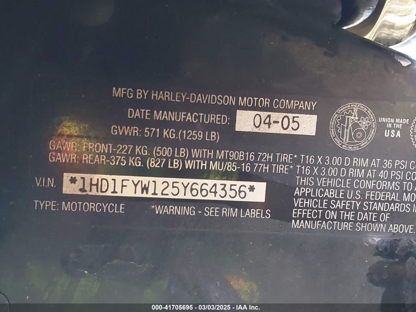 2005 Harley-Davidson Flhrsi VIN: 1HD1FYW125Y664356 Lot: 41705695
