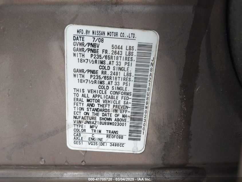 2009 Nissan Murano Sl VIN: JN8AZ18U89W023001 Lot: 41705720