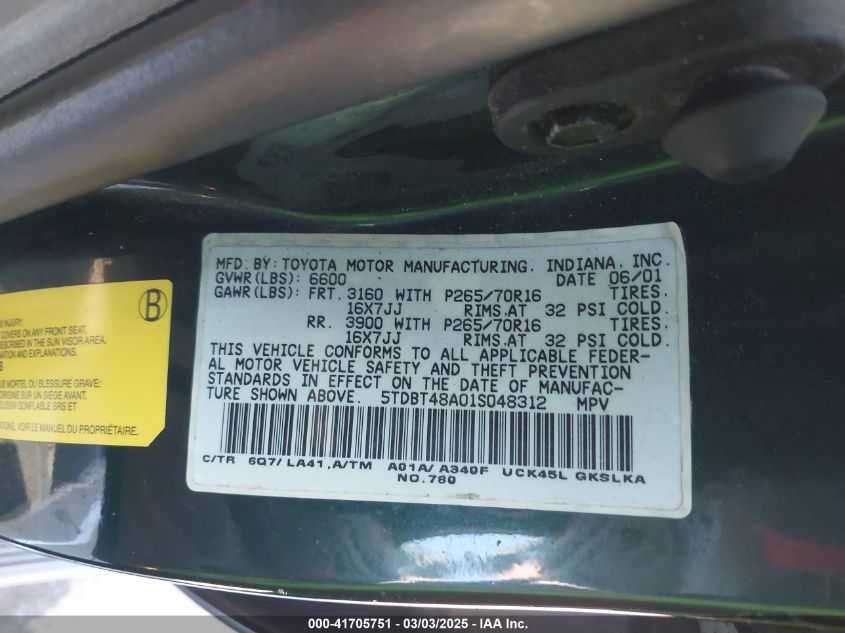 2001 Toyota Sequoia Limited V8 VIN: 5TDBT48A01S048312 Lot: 41705751