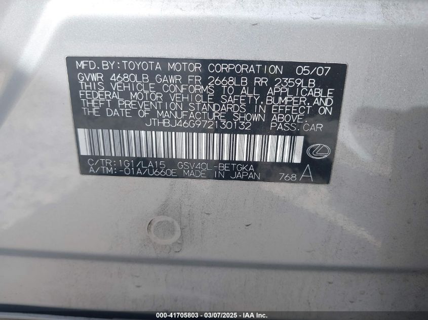 2007 Lexus Es 350 VIN: JTHBJ46G972130132 Lot: 41705803