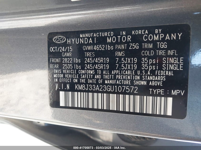2016 HYUNDAI TUCSON VIN: KM8J33A23GU107572