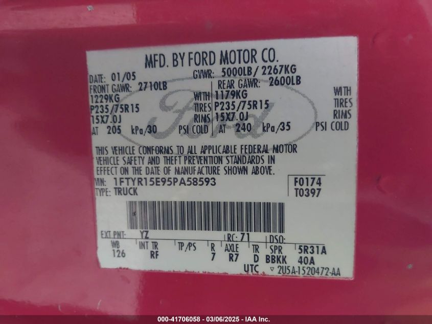 2005 Ford Ranger Edge/Xl/Xlt VIN: 1FTYR15E95PA58593 Lot: 41706058