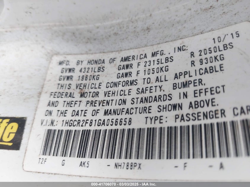 2016 HONDA ACCORD VIN: 1HGCR2F81GA056658