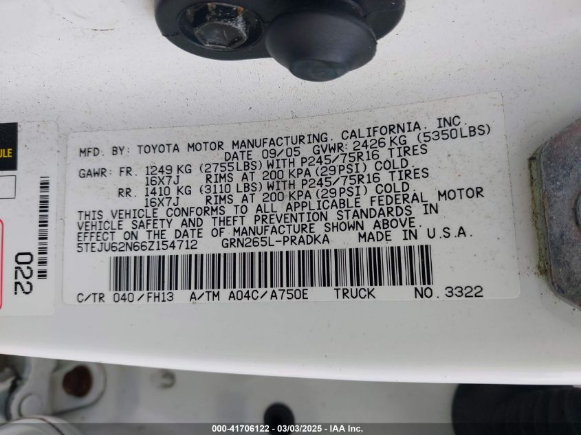 2006 Toyota Tacoma Prerunner V6 VIN: 5TEJU62N66Z154712 Lot: 41706122