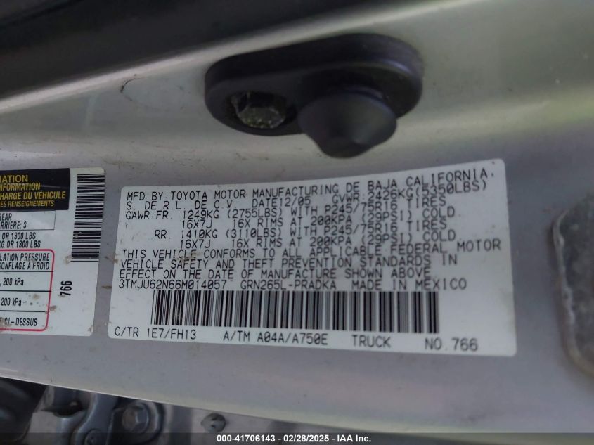 2006 Toyota Tacoma Prerunner V6 VIN: 3TMJU62N66M014057 Lot: 41706143