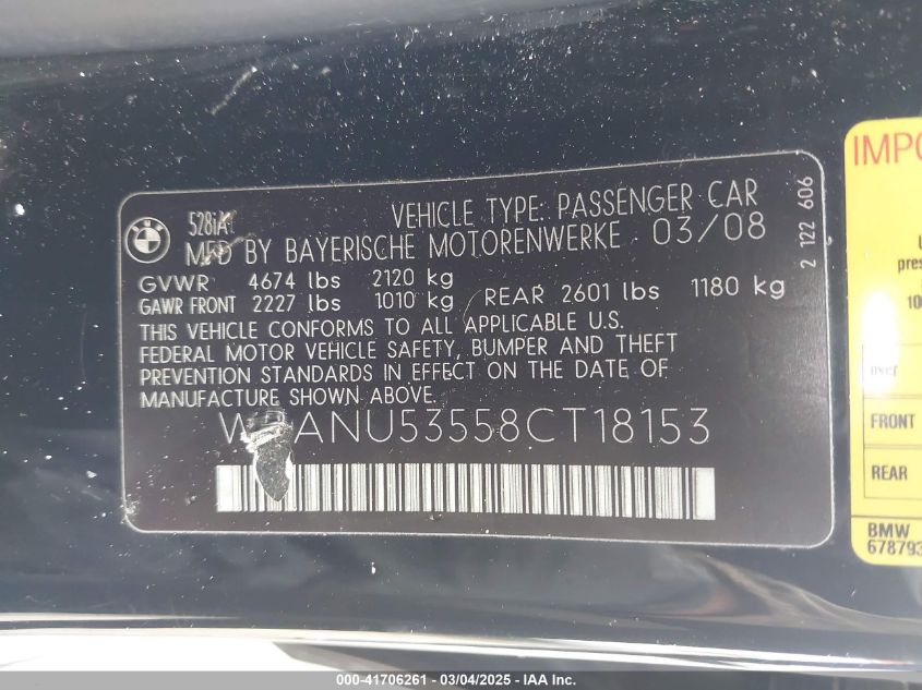 2008 BMW 528I VIN: WBANU53558CT18153 Lot: 41706261