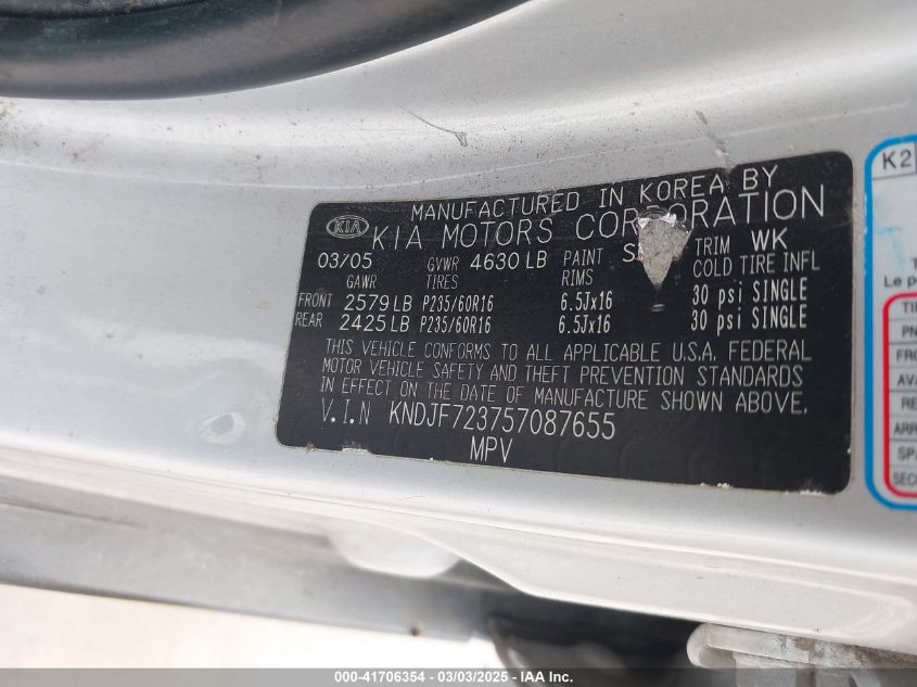 2005 Kia Sportage Ex V6/Lx V6 VIN: KNDJF723757087655 Lot: 41706354