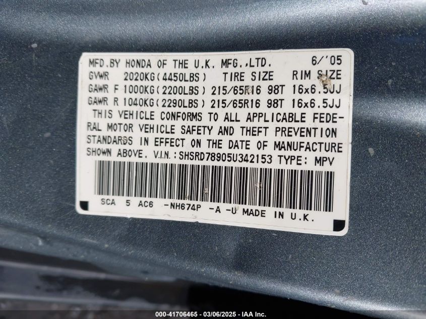 2005 Honda Cr-V Se VIN: SHSRD78905U342153 Lot: 41706465