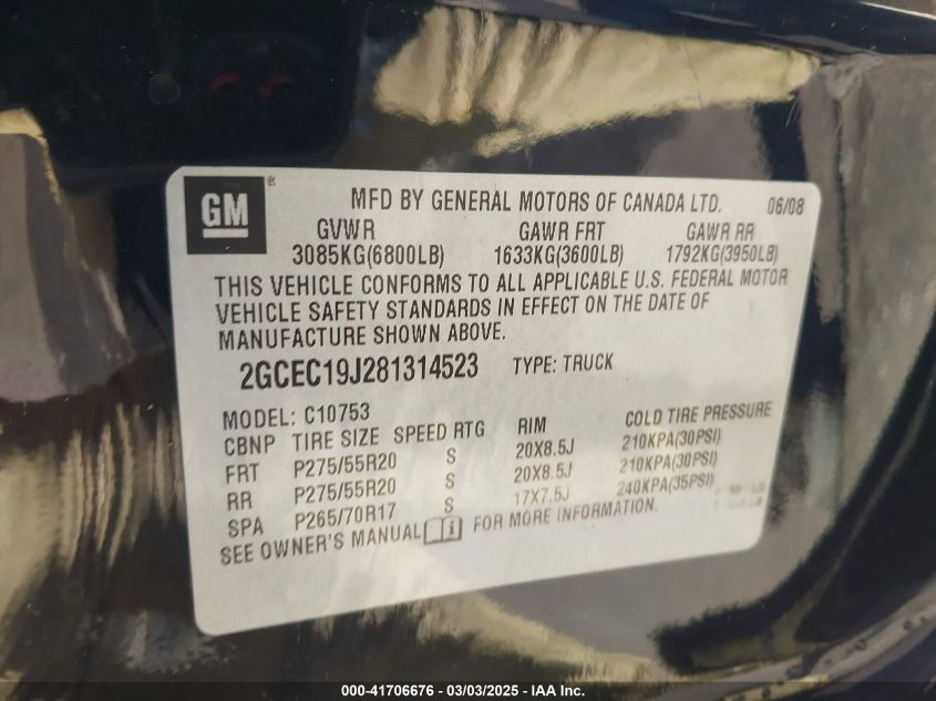 2008 Chevrolet Silverado 1500 Lt1 VIN: 2GCEC19J281314523 Lot: 41706676