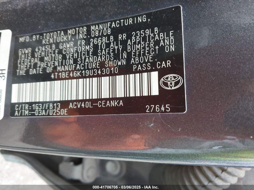2009 Toyota Camry Le VIN: 4T1BE46K19U343010 Lot: 41706705