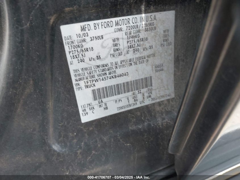 2004 Ford F-150 Fx4/Lariat/Xlt VIN: 1FTPW14574KB46043 Lot: 41706707