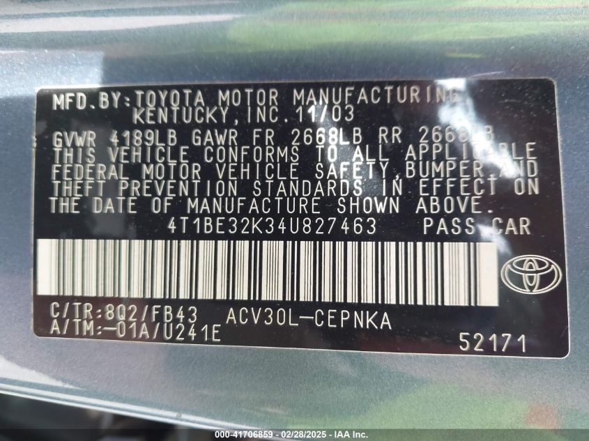 2004 Toyota Camry Le VIN: 4T1BE32K34U827463 Lot: 41706859