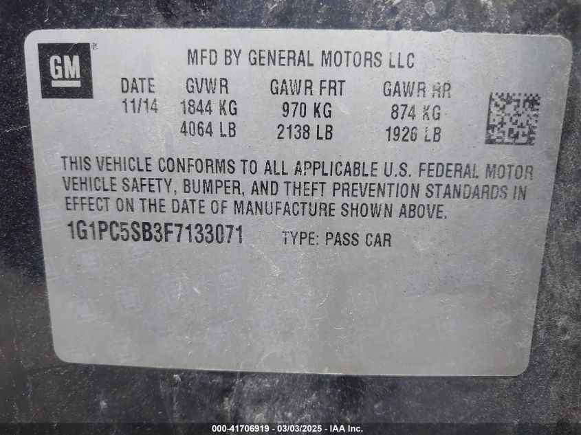 2015 Chevrolet Cruze 1Lt Auto VIN: 1G1PC5SB3F7133071 Lot: 41706919