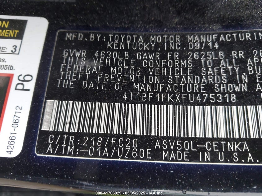 2015 TOYOTA CAMRY VIN: 4T1BF1FKXFU475318