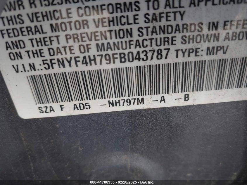 2015 Honda Pilot Ex-L VIN: 5FNYF4H79FB043787 Lot: 41706955