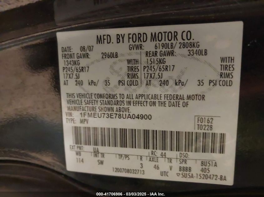 2008 Ford Explorer Xlt VIN: 1FMEU73E78UA04900 Lot: 41706986