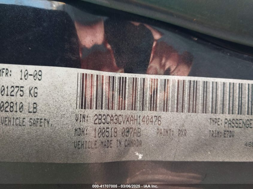 2010 Dodge Charger Sxt VIN: 2B3CA3CVXAH140476 Lot: 41707005