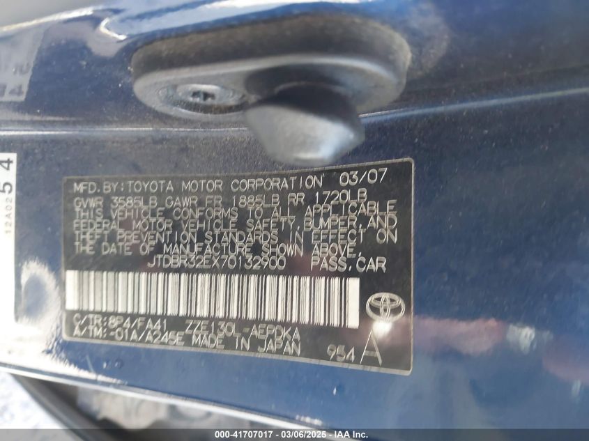 2007 Toyota Corolla Ce VIN: JTDBR32EX70132900 Lot: 41707017