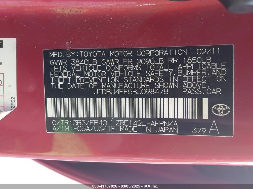 2011 Toyota Corolla Le VIN: JTDBU4EE5BJ098478 Lot: 41707026