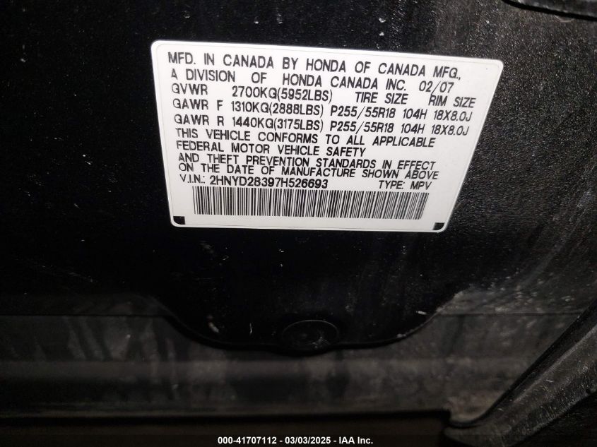 2007 Acura Mdx Technology Package VIN: 2HNYD28397H526693 Lot: 41707112