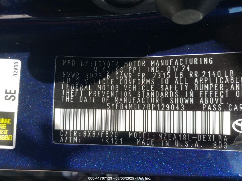 2024 Toyota Corolla Le VIN: 5YFB4MDE7RP129043 Lot: 41707129