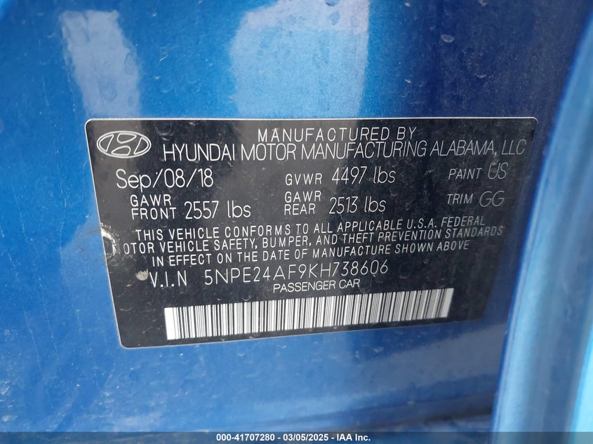 2019 HYUNDAI SONATA VIN: 5NPE24AF9KH738606